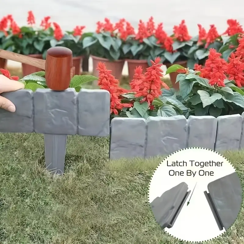 Easy Install Interlocking Garden Fence, Stone Effect Lawn Edge Strip, Courtyard Flower Bed Divider Barrier, Durable Outdoor Decorative Border
