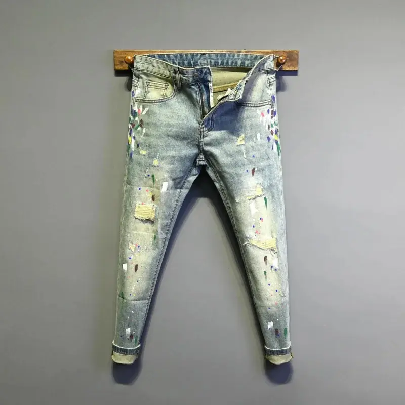 Men's Slim-Fit Denim Jeans - Menswear Streetwear Chic Look, Splash Ink Print Tapered Pants, Softened Fabric, Zipper Fly