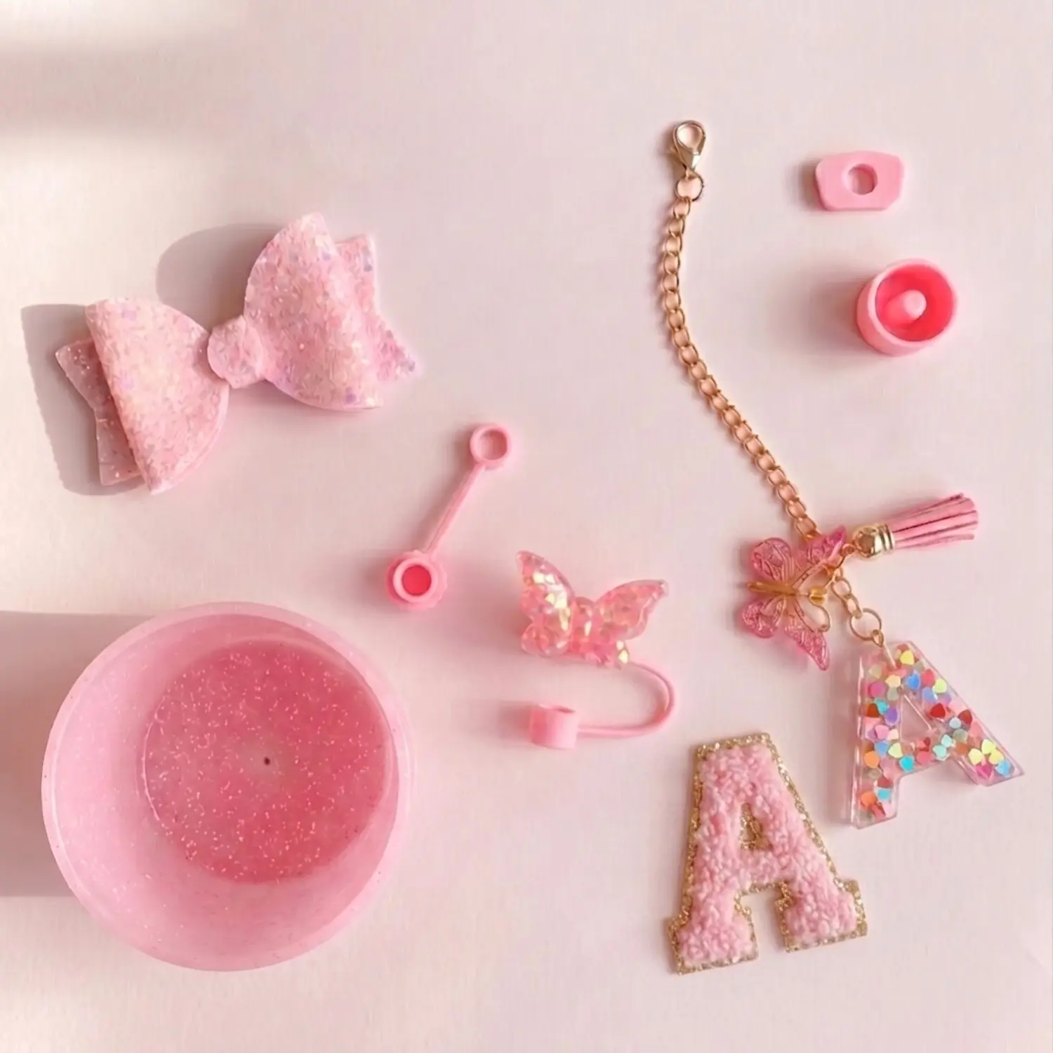 Sparkling Insulated Cup Accessories Set for 30oz / 40oz Cups, a perfect gift, Includes Letter Charm, Diamond Straw Lid, Glitter Silicone Booties (No Cup)