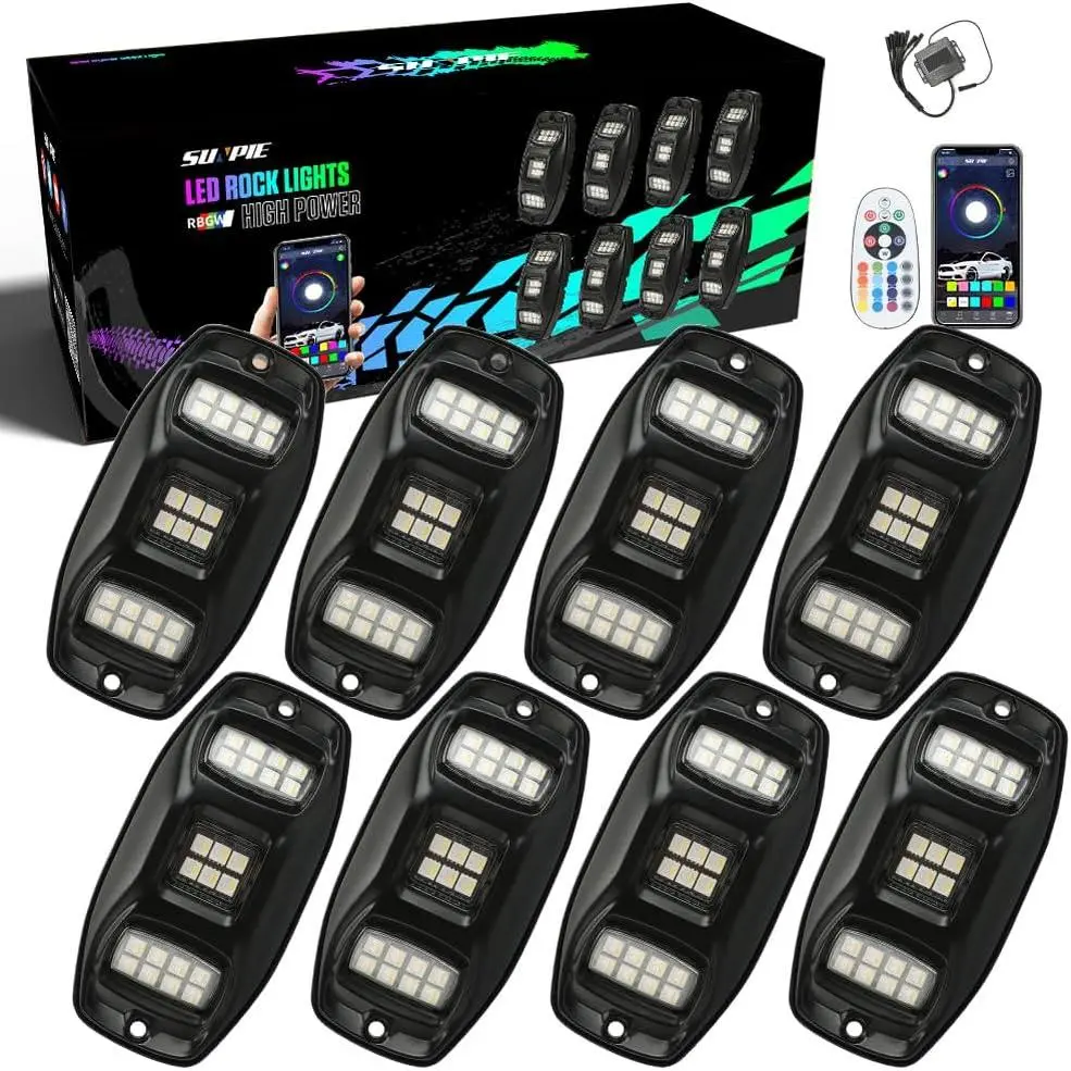 SUNPIE  8 Pods Triple Angle RGBW Rock Lights,High Power,Aluminium Metal,with Phone App Remote Control,3.5M Extension Wires Each ligh,IP67 Waterproof,for Trucks Trailer Cars SUV ATV UTV Boats Multi Color LED,Summer Survivals