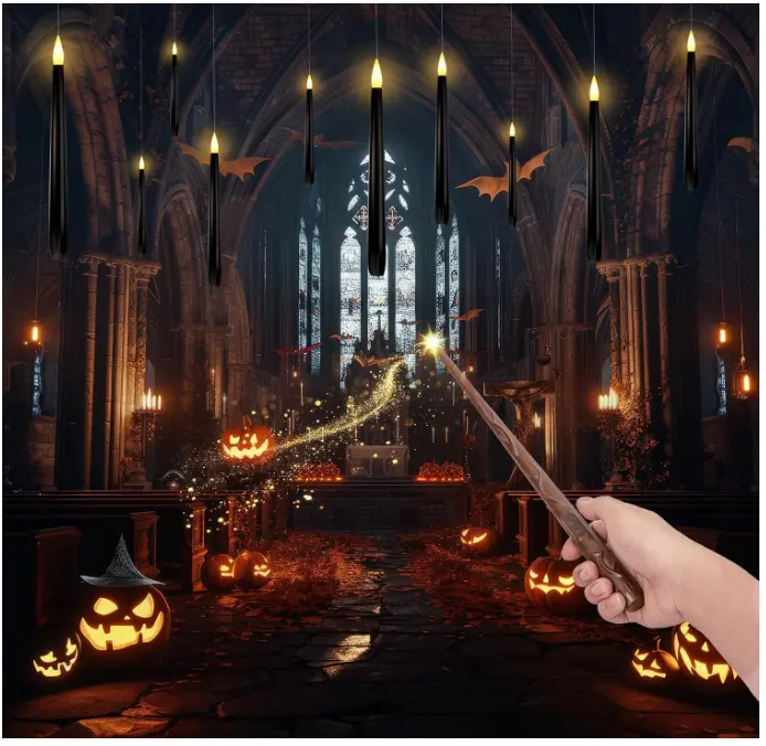Homemory 10PCS Black Floating Candles with Wand Remote, Flameless Hanging Taper Candle with Flickering Warm Light, Battery Operated Magic Deco Candles for Halloween, Christmas, Birthday, Indoor Decor