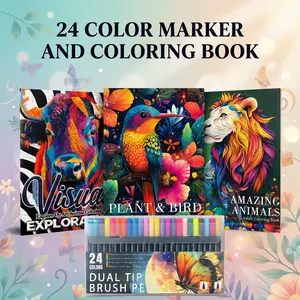 24 Color Markers & 3 Animal-Themed Coloring Books Set, High-Quality, Beginner-Friendly, A4 Size, Saddle Stitch Binding, Ideal Gift