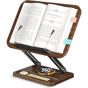Adjustable Book Stand for Reading, Book Holder with 360? Rotation Base, Height Adjustable Book Reading Stand with Extendable Page Clips -- Wooden Stand Holder for Cookbook, Receipe Book, Thick Book