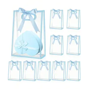 10 Transparent Plastic Gift Bags with Die-Cut Handles, Reusable PP Material, Includes Ribbon, Versatile Use, Perfect for Christmas, Weddings, Birthdays, Baby Showers