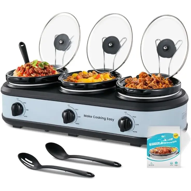 Triple Slow Cooker Buffet Server and  Warmer 3x1.5 Quart Individual Temp Control With Lid Rests & Spoons With Liners Included Blue Grey