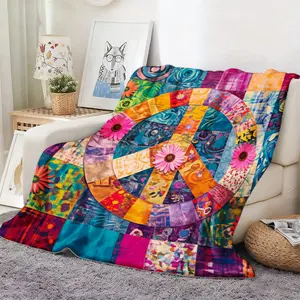 1pc Colorful Patchwork Peace Sign Flannel Throw Blanket, Soft Spring Blanket for Room Decor, Lightweight Air Conditioning Blanket, Ideal Mother's Day Birthday Gift for All Ages, Machine Washable