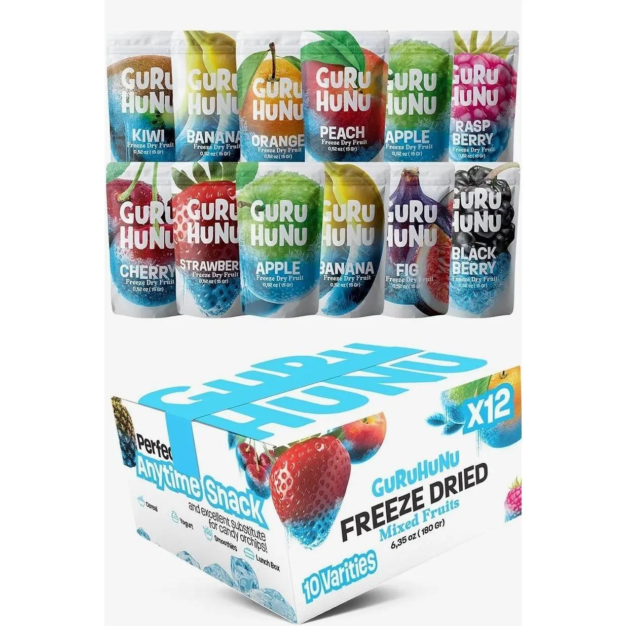 GURU HUNU Freeze Dried Fruit Mix 12 Individual Packs Healthy Fruit Snacks - Variety Pack Dehydrated Fruit Chips Camping Snacks Mixed Fruit - Bulk Dried Fruit No Sugar Added, Dry Fruit Snacks Healthy Gift