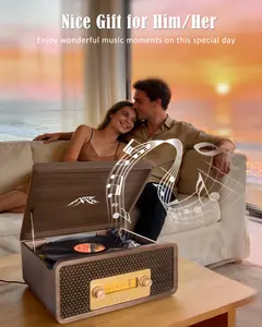 Bluetooth Vinyl Record Player with Speakers, 3-Speed Turntable, Servo-Controlled Speed & Auto Stop, AM/FM Stereo Radio, Aux-In, Wireless Music Streaming, Desktop Wooden Design
