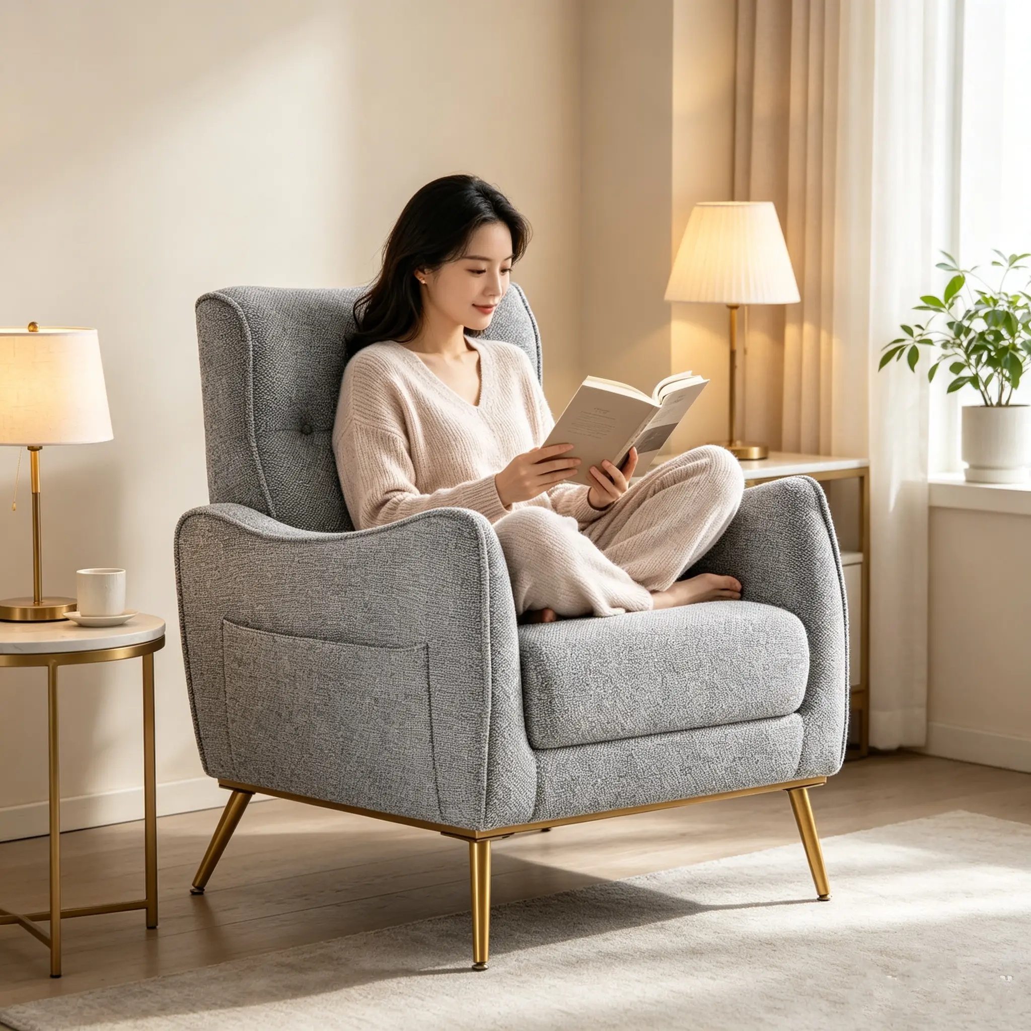 Upholstered Reading Chair with Tall Backrest & Hidden Side Storage – Versatile Accent Armchair for Relaxation, Study, or Lounge, with Breathable Fabric & Non-Slip Feet