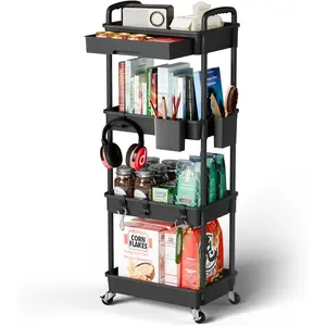 4 Tier Rolling Cart Organizer, Narrow Slim Utility Trolley Cart with Wheels, Multi-use Storage Cart for Art Craft Diaper Snack Laundry Bathroom Kitchen Office, Black