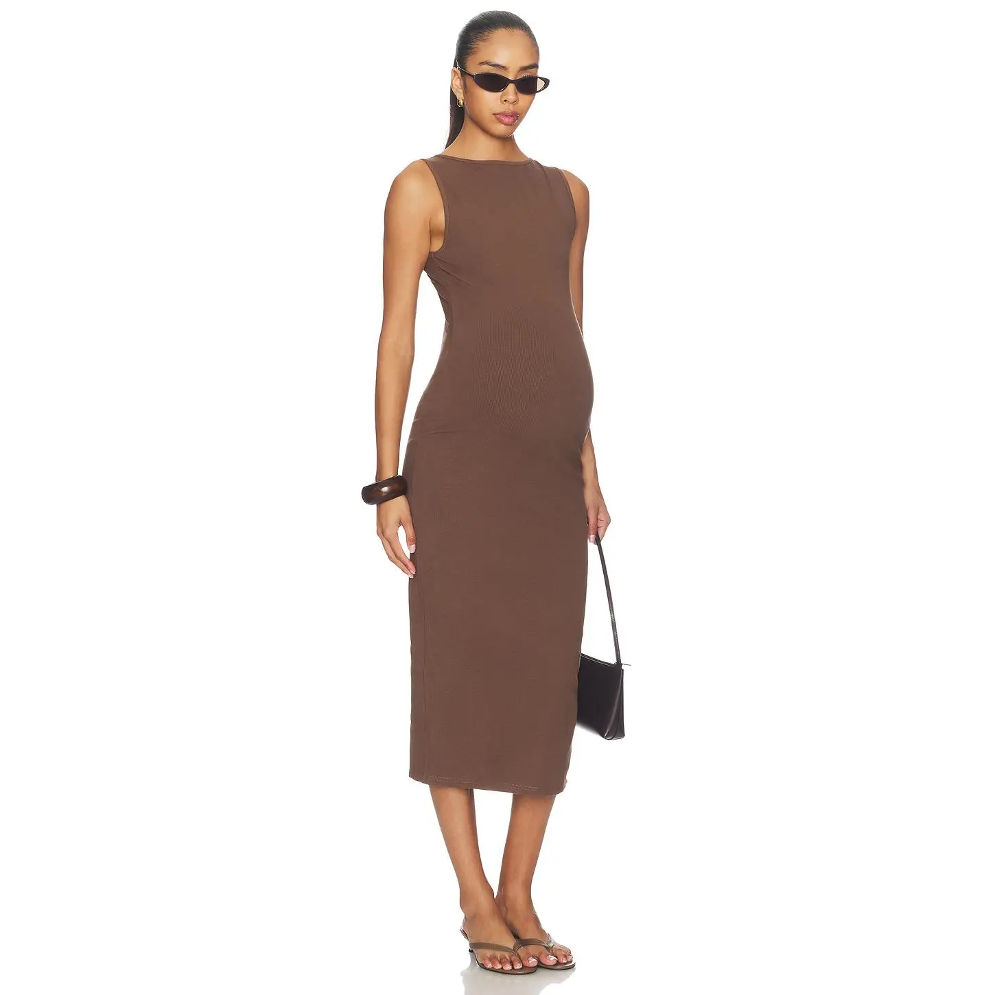 BUMPSUIT Sculpting Rib Boat Neck Midi Dress in Brown