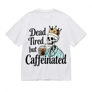 "Dead Tired but Caffeinated" Funny Skull Graphic Print Men's T-shirt Vintage Crew Neck 100% Cotton T-Shirts Stylish Top for Women Men Short Sleeve Daily Casual Wear Comfortable Soft Breathable Tees Shirts Ideal Gifts for Friend Family Coffee Lover