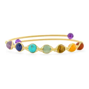 Spiritual Colorful Healing Gemstone Yoga Wire Wrap Beads Strand Chakra Bangle Bracelets Gold Plated