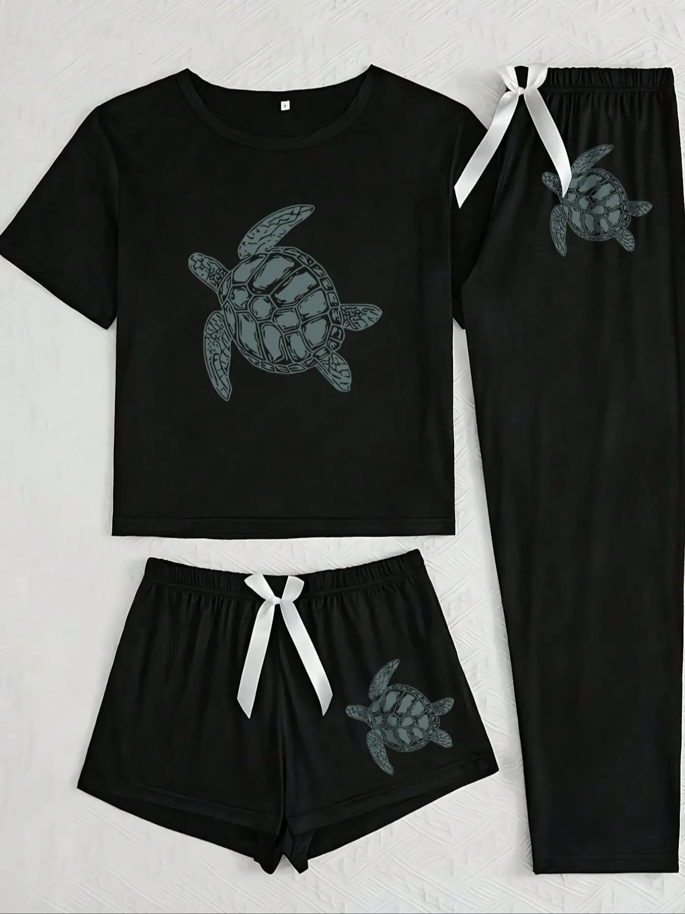 Women's Cartoon Animal Cat Print Pajama Set, Knit 3 Piece Sleepwear Collection, Casual Fitted Nightwear for All Seasons, Loungewear, Homewear, Turtle, Pjs, Aesthetic, Womenswear