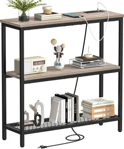 Console Table with Power Outlets, Entryway Table with Storage, Narrow Sofa Table with 3 Tier Shelves, for Entryway, Hallway, Living Room, Foyer, Grey