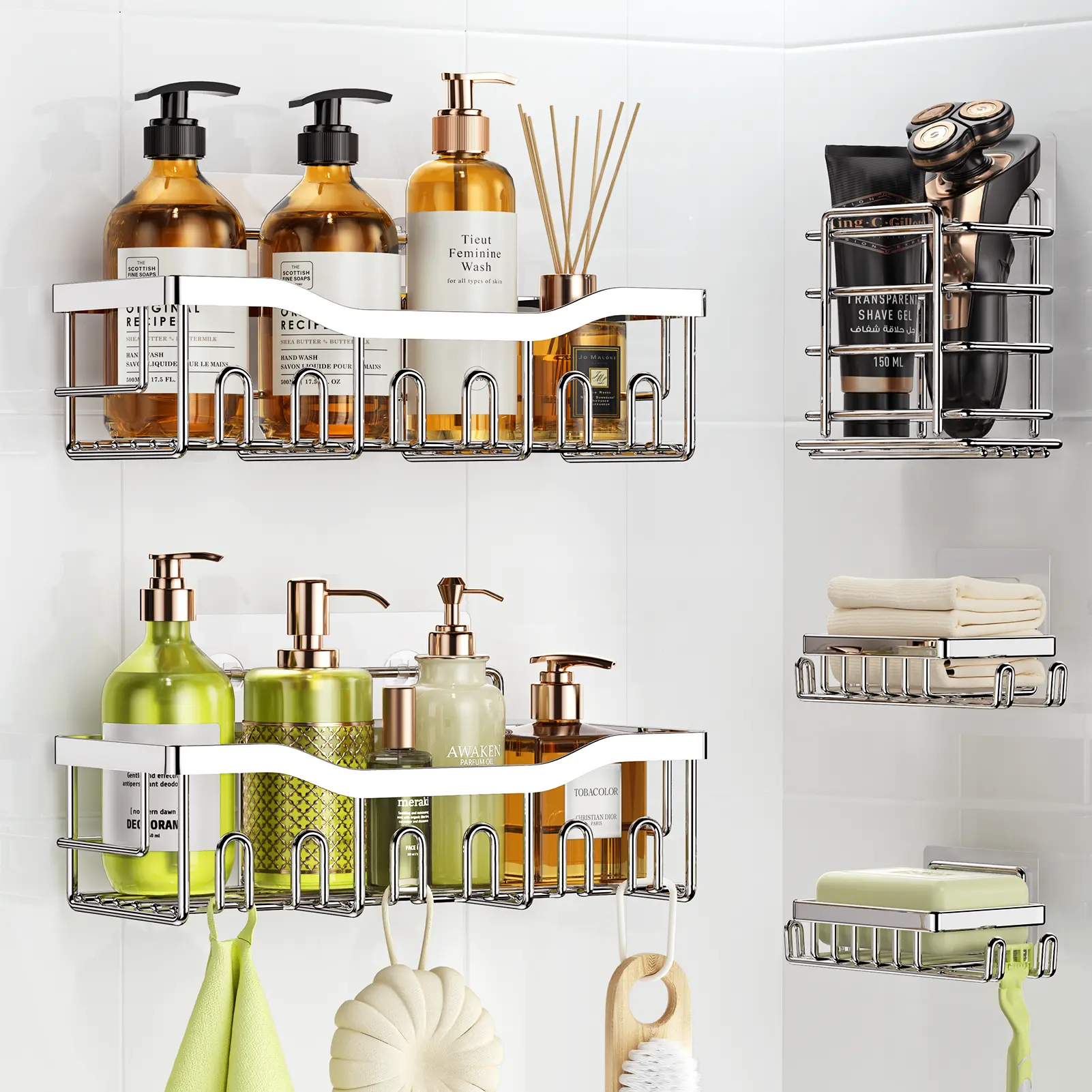5-Pack Rust-Resistant Stainless Steel Shower Caddy Bathroom Organizer Set - Adhesive Waterproof No-Drill Necessities, 2 Large Hollow Modern Shelves, 2 Soap Trays, Fast Drainage, Dormitory Accessories