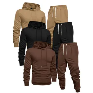 3-Pack Men'S Casual Sports Hoodie and Sweatpants Set, Solid Color, Long Sleeve Pullover with Pocket, Knit Polyester, Slight Stretch, Regular Fit, Elastic Waist with Drawstring, Ribbed Cuff Pants - Spring/Fall Athletic Outfit Clothing FabricGift