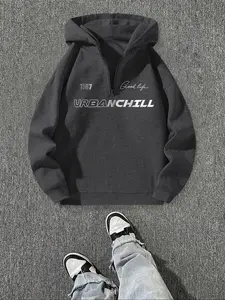 Men's Casual Solid Color Fitted Hoodie, Letter Print Pullover, Polyester Fabric, Half-Zipper Design, Spring & Fall New Arrival, Sweatshirts
