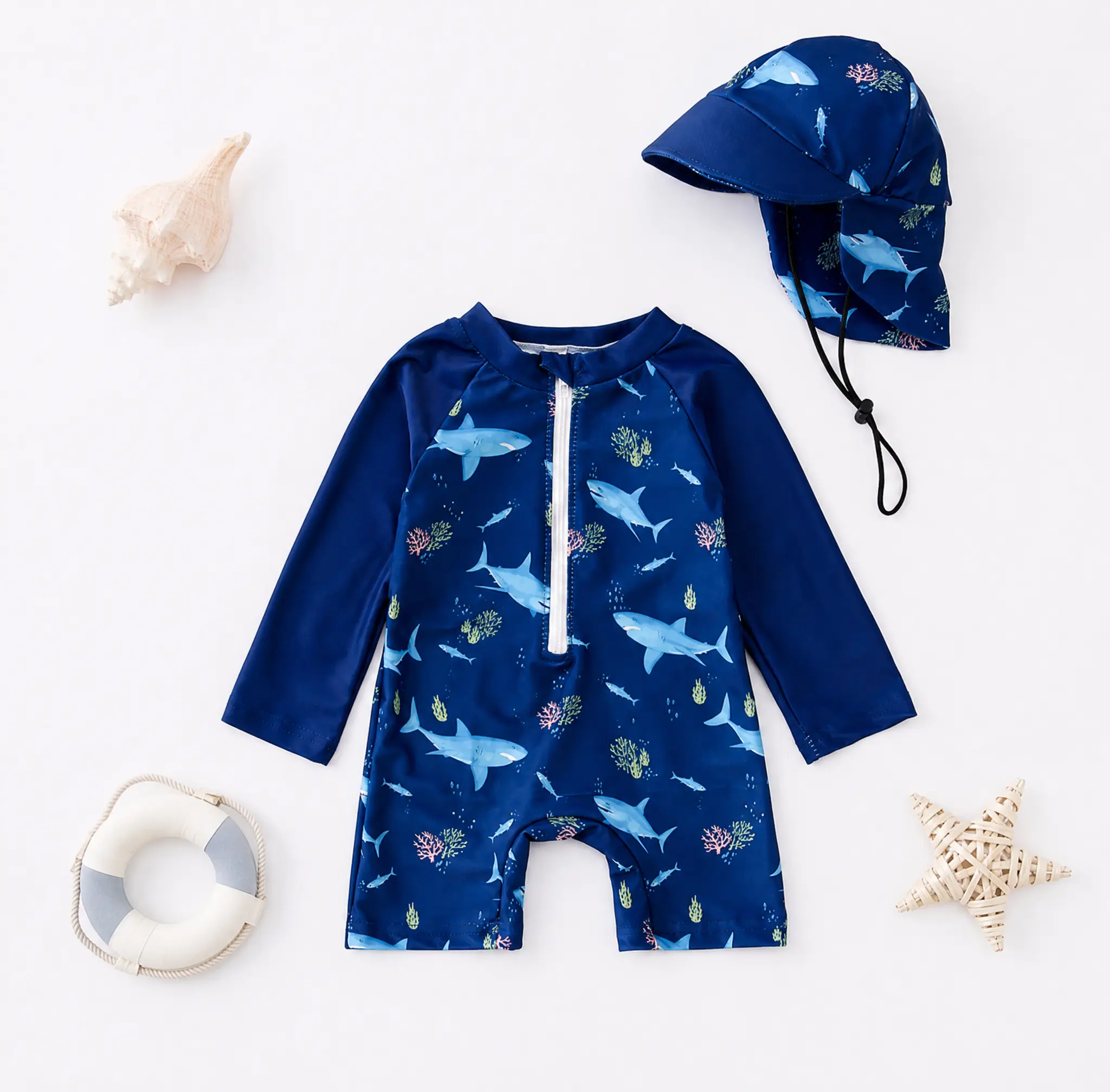 Baby Shark Print Zip-Up 2-Piece Rash Guard Swimwear Set with Sun Hat, UPF50+ Quick Dry Cute Swimsuits, Toddler Bathing Suit Swimoutfit Swimsuit Beachwear for 0-5Y Summer Items