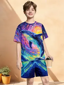 Boys Trendy Sport Galaxy Whale Print Short Sleeve Tee & Shorts Set