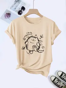Spring Summer Women's Short Sleeve T-Shirt, Cute Cat Print, Casual Daily Wear, Fitted H-Type, All Seasons