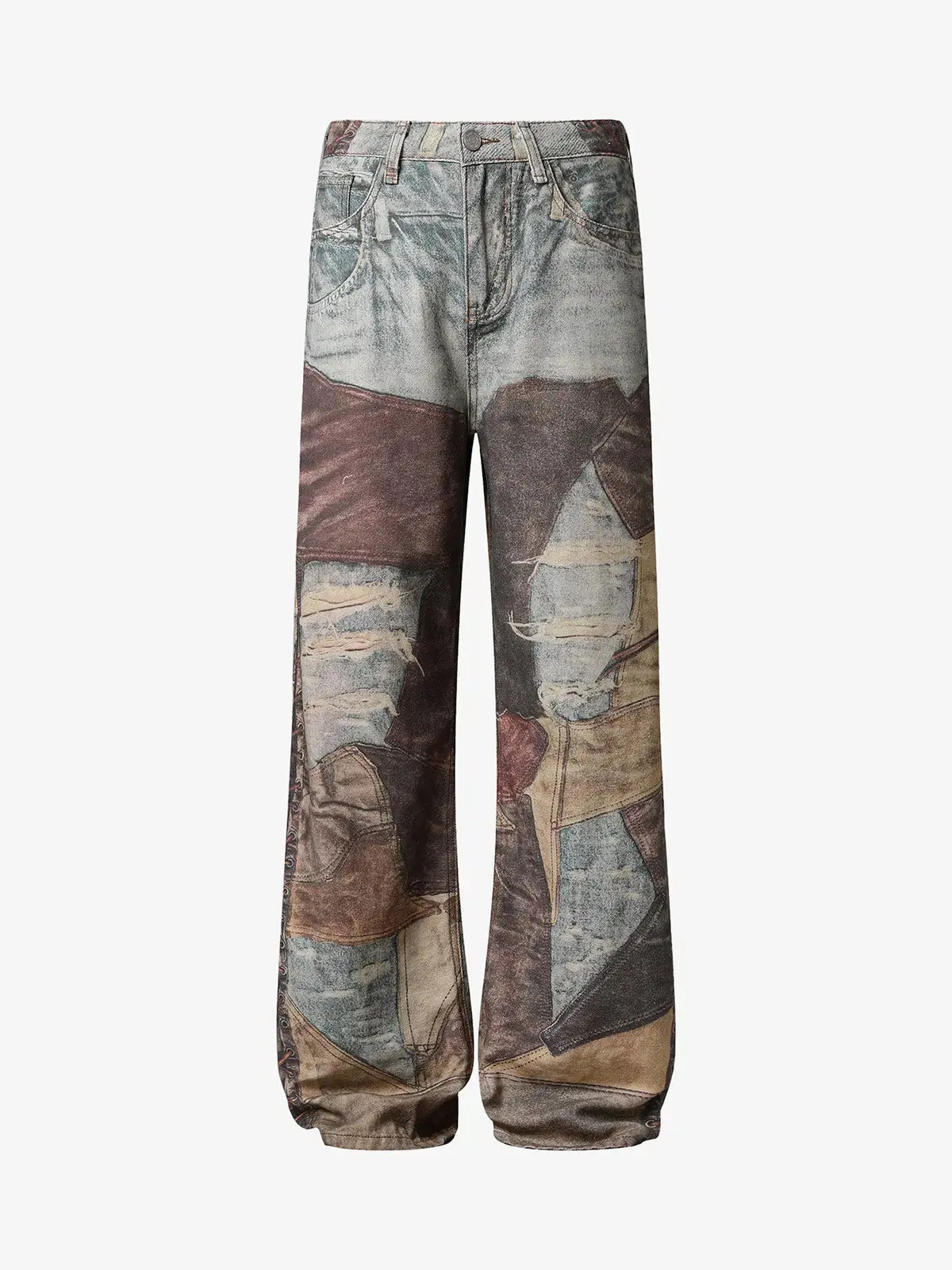 Thesupermade Distressed Washed Patchwork Printed Jeans | Loose Fit High Street Streetwear Denim Men