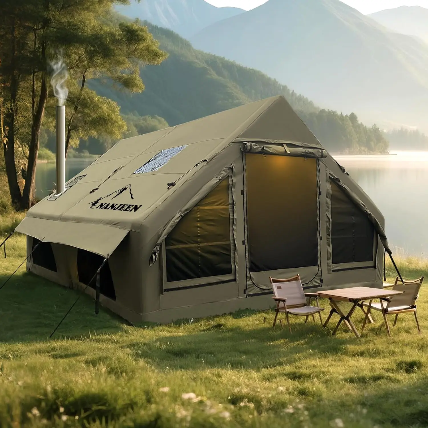 Large, deluxe inflatable camping tent, windproof and rainproof, can accommodate 2-10 people, equipped with a manual air pump, quick setup in 8 minutes, suitable for all seasons, double-door design, mosquito netting