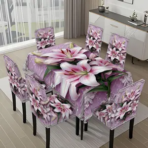 5/7-piece 2D Flat Printing Pink and Purple Lily Decoration Printing Pattern Tablecloth and Chair Cover Set, for dining table and chair decoration, perfect for home, holiday gatherings, restaurants, and parties.