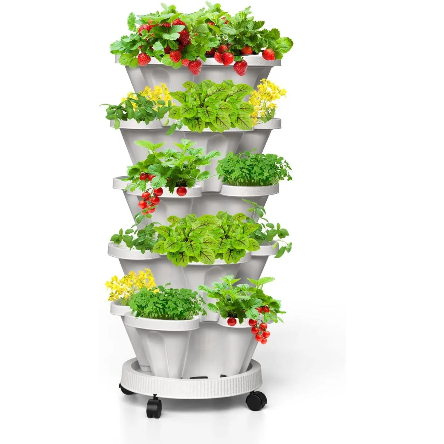 Strawberry Vertical Planters 5 Tiered, Stacking Tower Garden, Stackable  Vegetable Planters with Movable Casters and Bottom Saucer Indoor and Outdoor - White