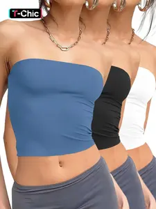 Women's Solid Color Knitting Fabric Crop Tube Top, Fashion Strapless Cropped Top for Summer, Casual Minimalist Medium Womenswear, Lady's Clothes for Daily Wear, Cute Short Tops, Basic Fit, Casual Fitted Sleeveless