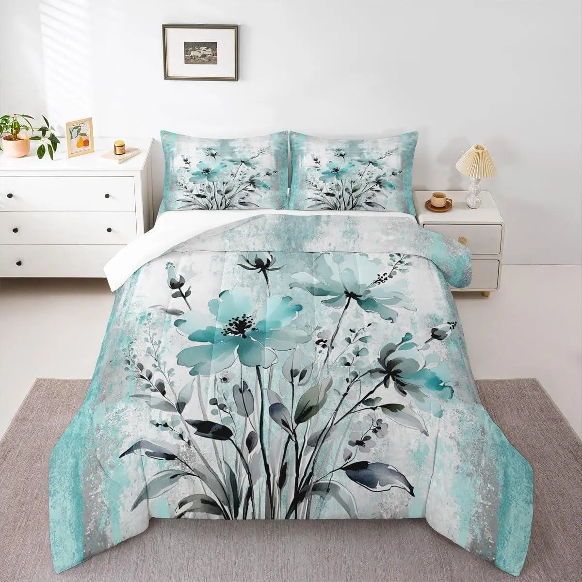 Teal Flower Bedding Spring Blossom Comforter Set,For Girls Soft Abstract Oil Painting Comforter Watercolor Floral Rustic Farmhouse Quilt With Ombre Turquoise Blue Grey Design For Adults