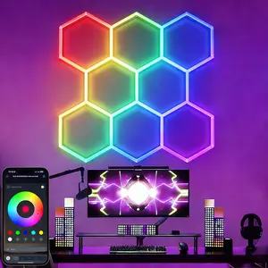 RGB Hexagon Lights with Remote, Music Sync Mode & 358+ Colors, 8 Grid LED Hexagon Lights for Gaming Room, Gym Lighting, Garage, Room Decor, Basement, Shop Light, Bar Lighting