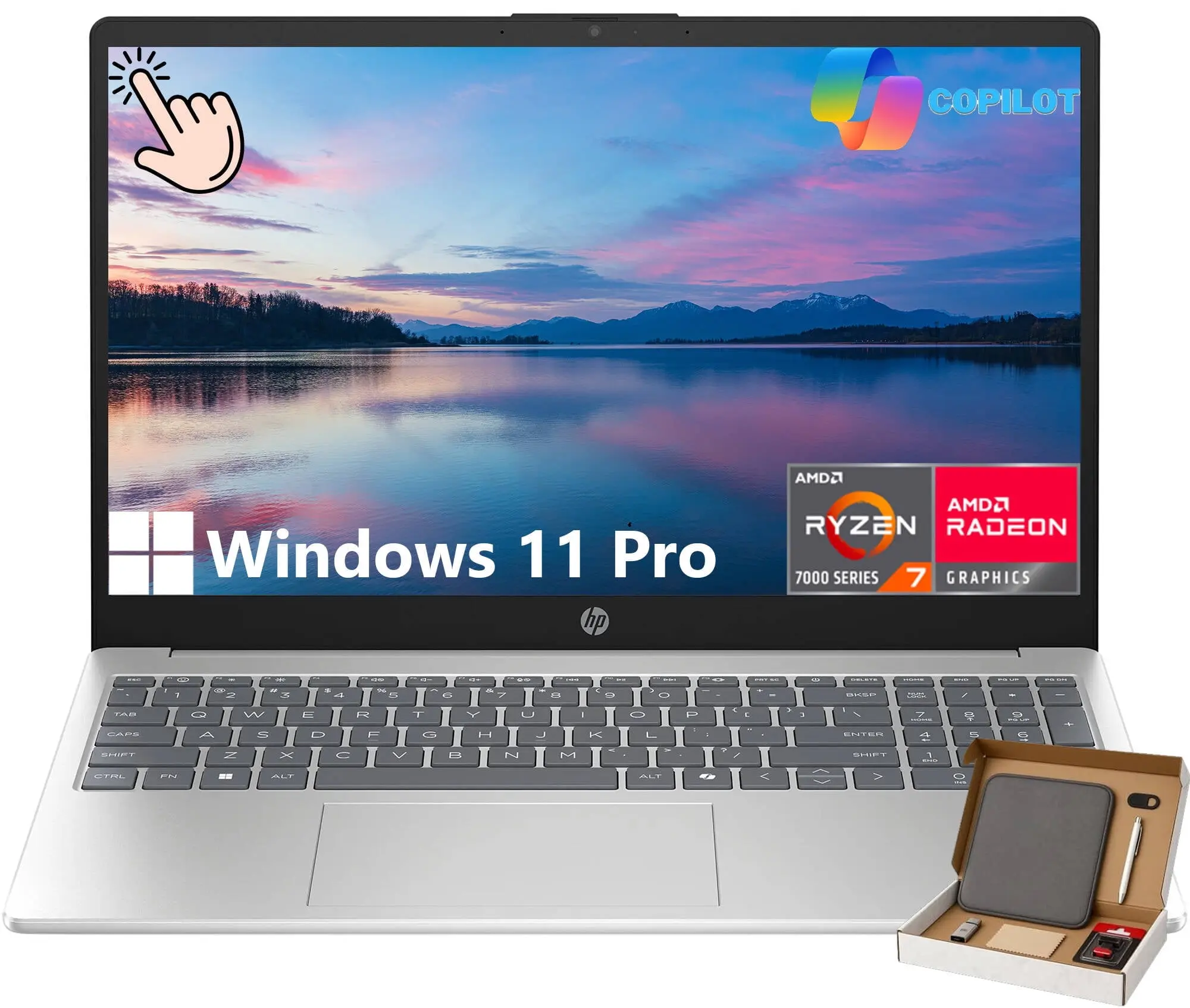 HP 15.6-in FHD 1920x1080 IPS Touch Laptop - AMD Ryzen 7 7730U, 16GB RAM, 512GB SSD, Windows 11 Pro, Built-in AI Assistant, D1523, Natural Silver