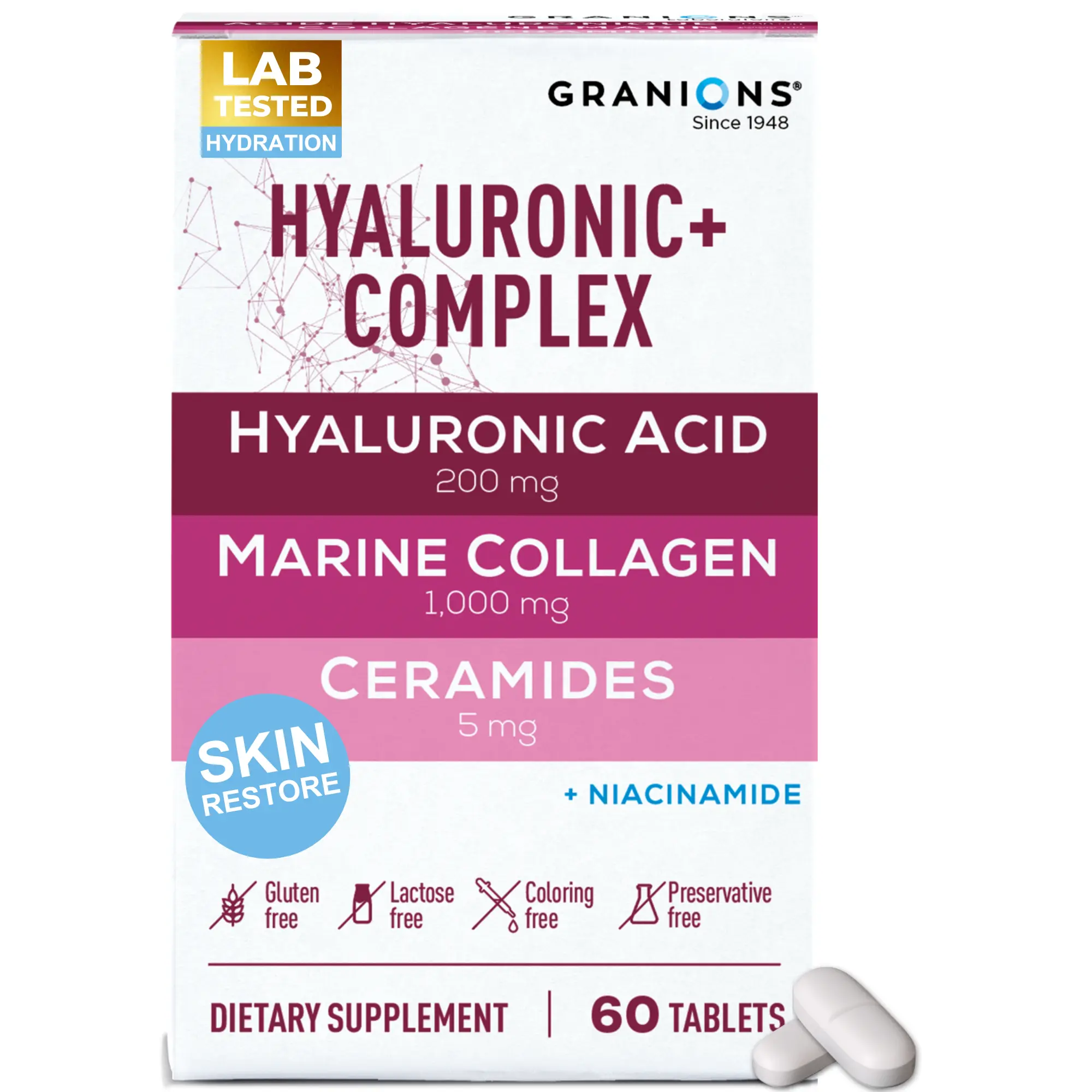 Hyaluronic Acid Complex – 200mg Hyaluronic Acid, Marine Collagen, Ceramides, Niacinamide & B3 – 60 Tablets