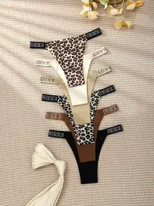 6 Piece Sexy Leopard Print Seamless Thongs for Women, Breathable Soft Comfortable Underwear Set, Plain Pattern, All Seasons