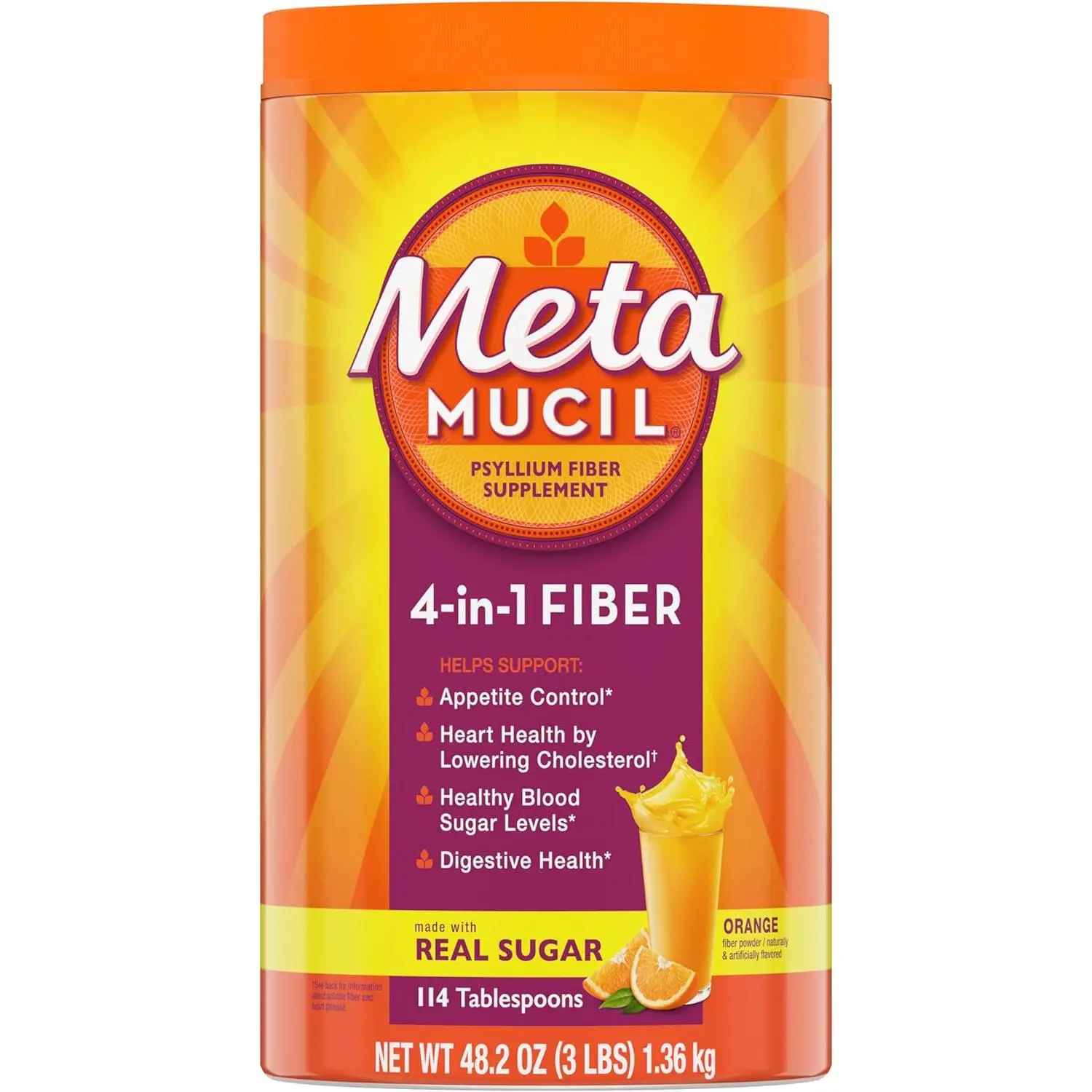 Metamucil 4-in-1 Psyllium Husk GLP-1 Friendly Fiber Supplement, Real Sugar, 114 tablespoons, Orange Flavored, Daily Fiber Powder for Digestive Health, made with Plant-Based Psyllium Husk Fiber