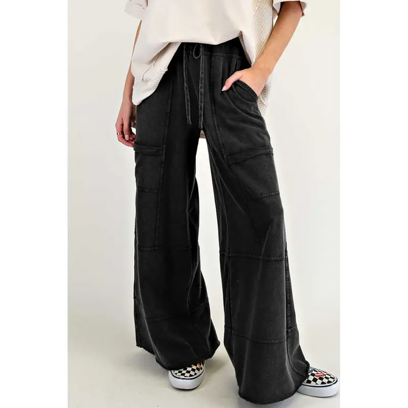 Black Mineral Wash Exposed Seam Drawstring Elastic Waistband Wide Leg Cargo Pants Womenswear Pockets Wideleg Basic Minimalist Bottom
