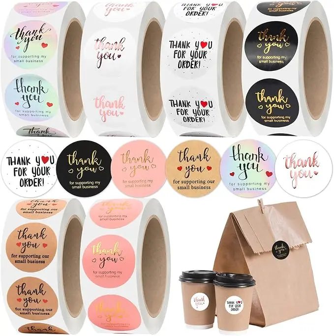 1-Inch Round Self-Adhesive Thank You Stickers - Bulk Pack 6-Roll Colorful Labels, Thank You for Your Order Stickers for Small Business Shipping, Bakery Packaging