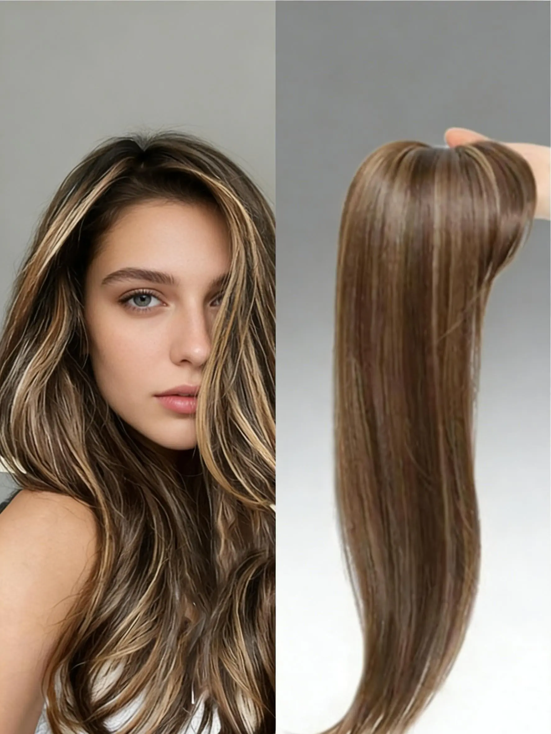 🔥 Instantly Fix Thinning Hair! Brown with Blonde Highlights Hair Topper with Bangs | Premium Kanekalon Synthetic Hair Toppers | Clip-In for Natural Volume & Seamless Blend | Perfect for Daily Wear! Synthetic Hairpieces
