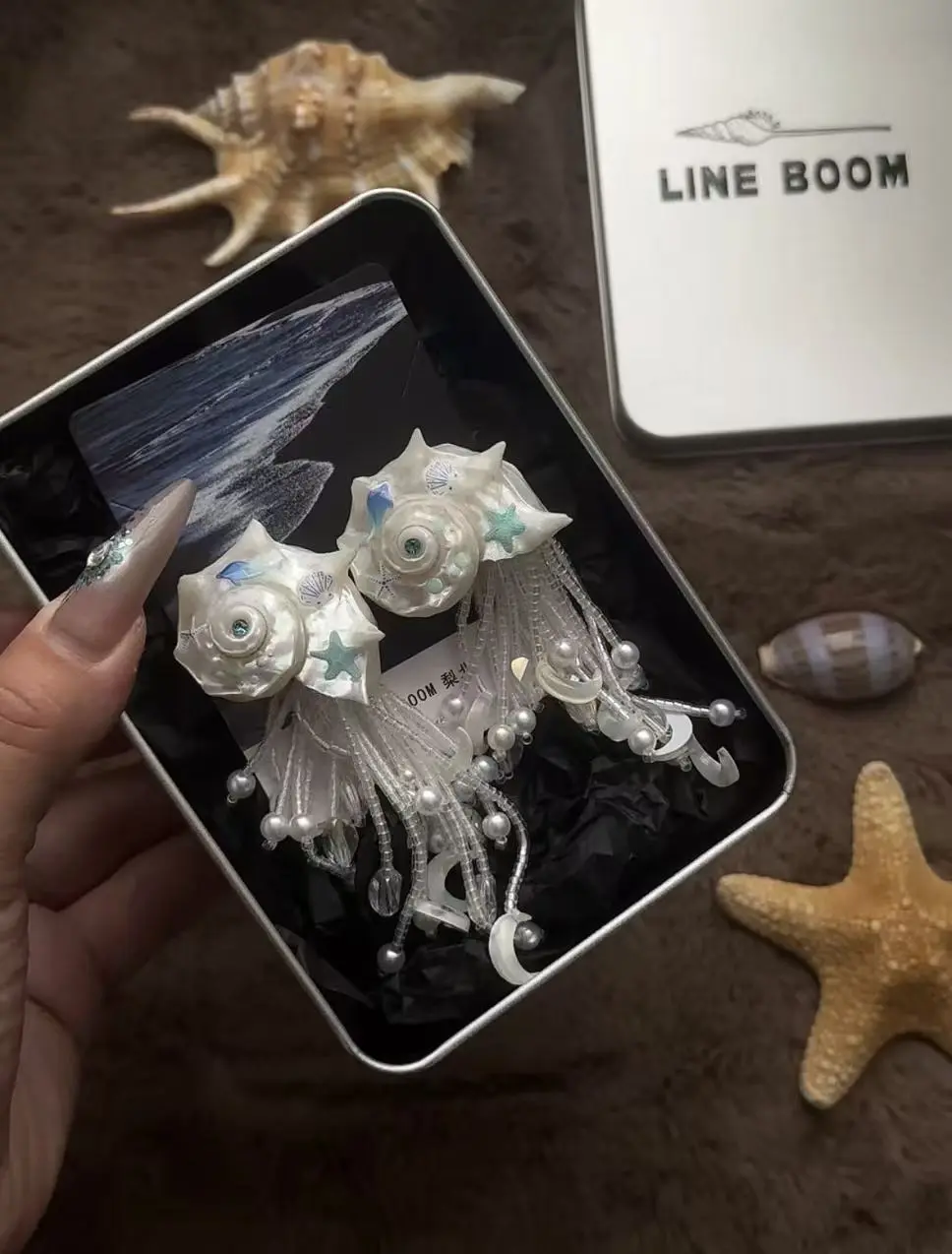 Handmade Unisex Natural Seashell Bone Tassel Stud Earrings, Whimsical Iridescent Boho Style Mermaid Fantasy Multicolor Moon Earrings - Festival Wear Accessories for Music Festivals, Beach Vacations, Genuine Shells, Beach Resort Wear, Bone Shells, Dreamlik