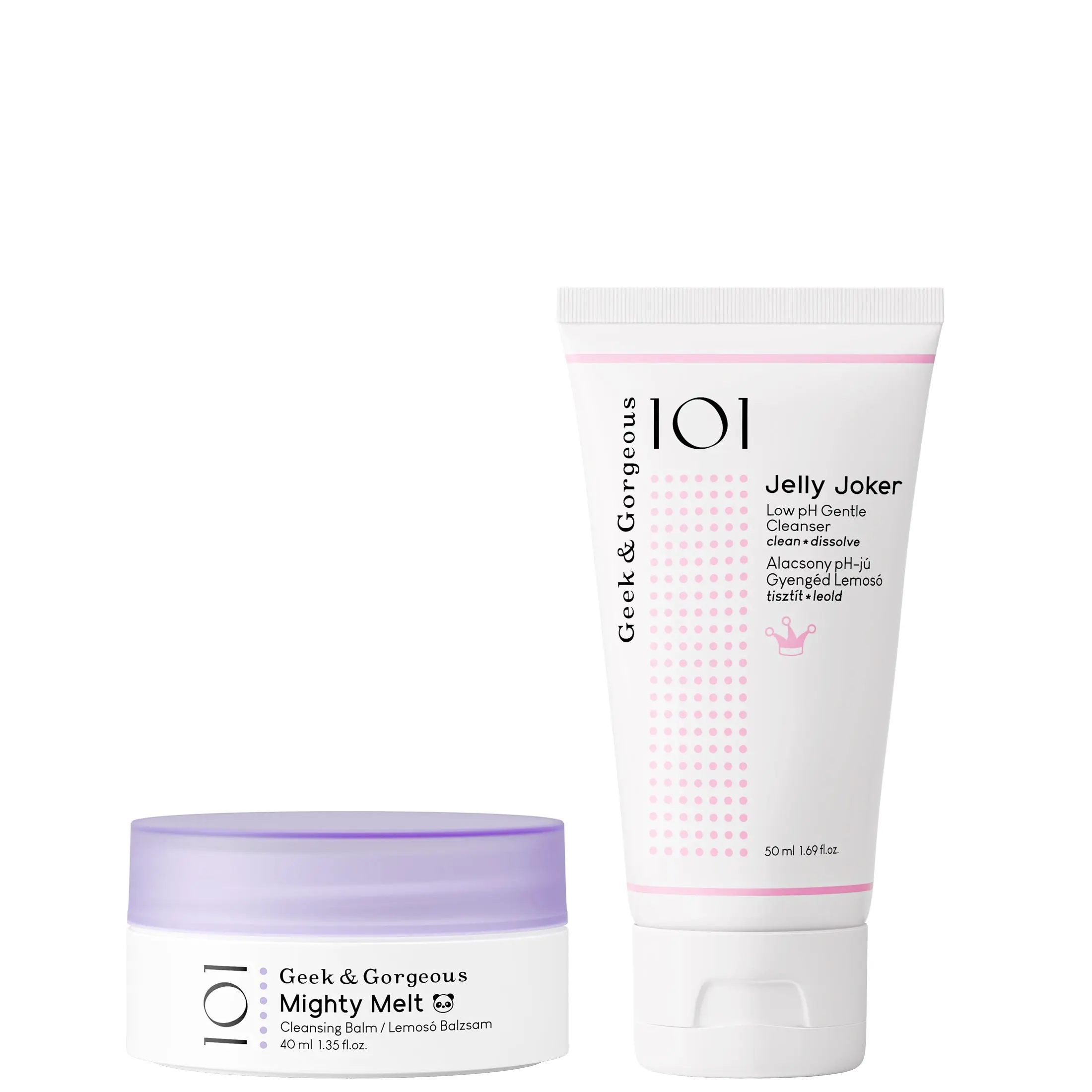 Geek & Gorgeous Double Cleanse Minis Facial Cleansing Duo - Double-Duty On-The-Go Makeup Remover Set, 40ml Cushiony Texture Mighty Melt Balm, 50ml Effortless Clean Jelly Joker Cleanser for All Skin Types
