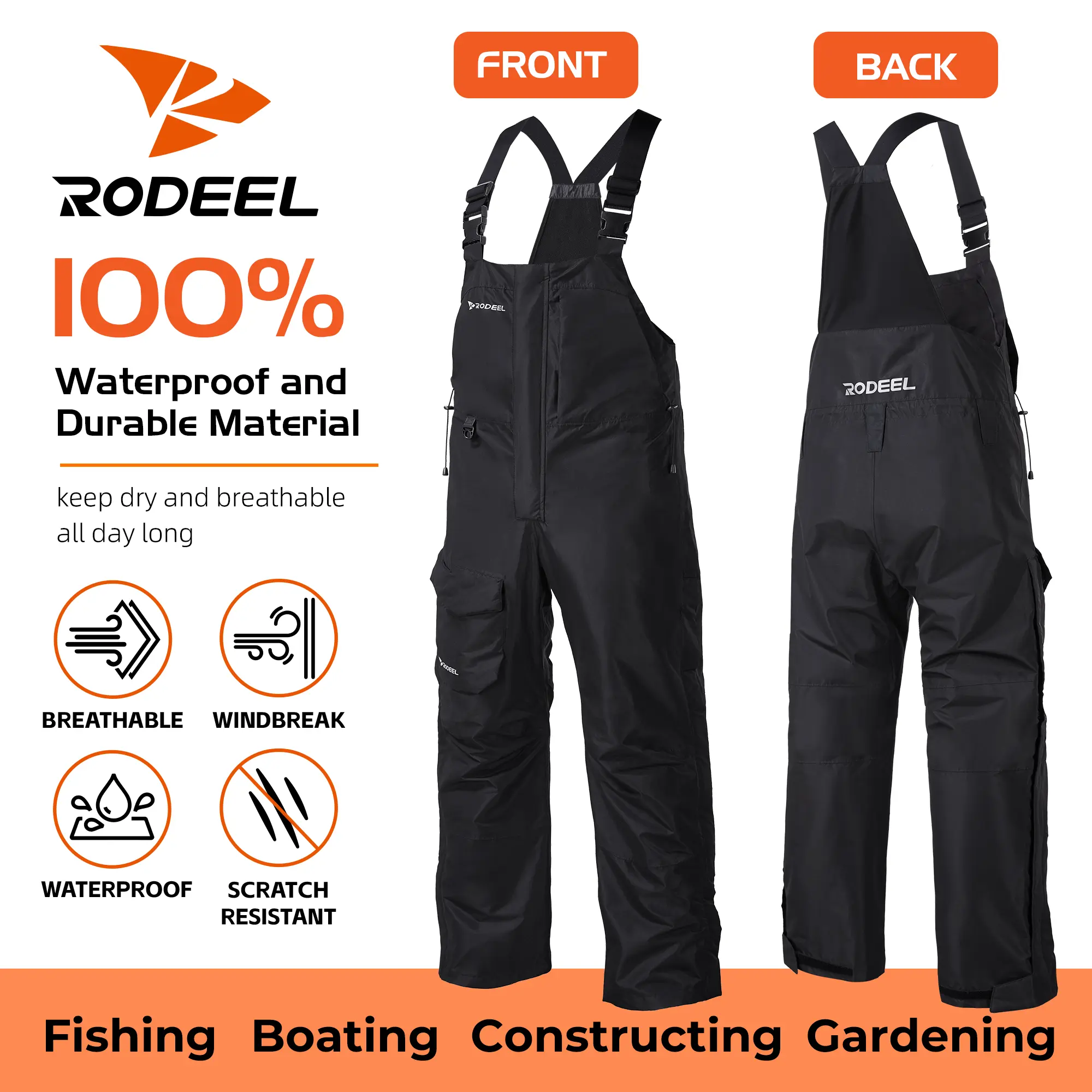 【RODEEL】724 Premium Waterproof Bib Overalls Men Tactical Workwear w/ Adjustable Suspenders and Multiple Pockets Relaxed Rain Pants Rainwear for Outdoor Fishing Boating Car Washing Construction Landscaping Gardening Menswear SummerWins