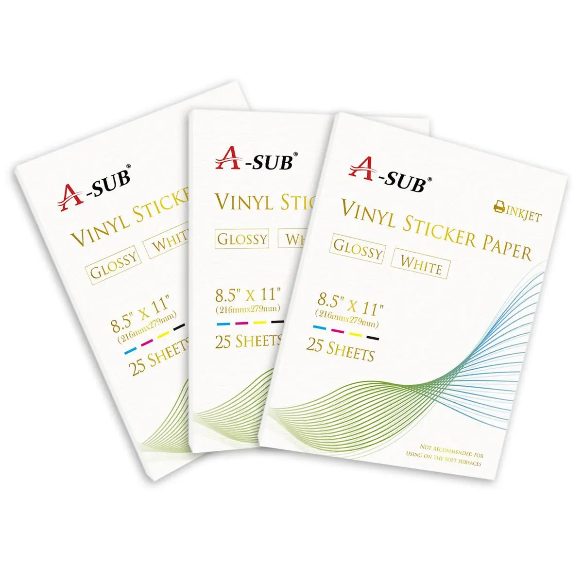 A-SUB Waterproof Glossy Vinyl Sticker Paper 3 Packs 75 Sheets 8.5x11" for Inkjet Printers Premium Print Result DIY Custom Stickers Stickerless