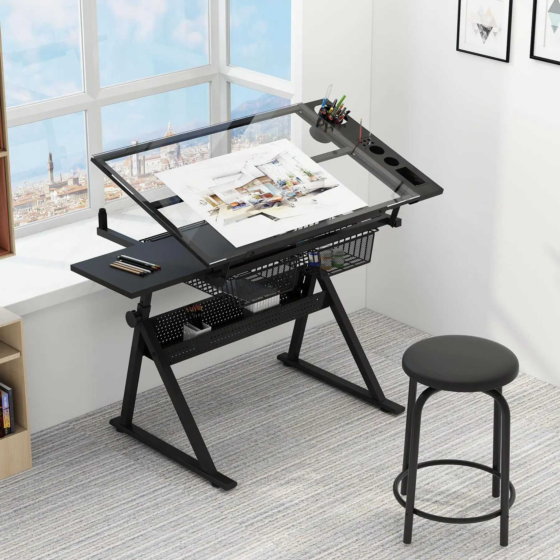 Garvee Height-Adjustable Drafting Table with Stool, Tilting Glass Top Art Desk for Adults, 2-Drawer Craft & Drawing Workstation for Home Office