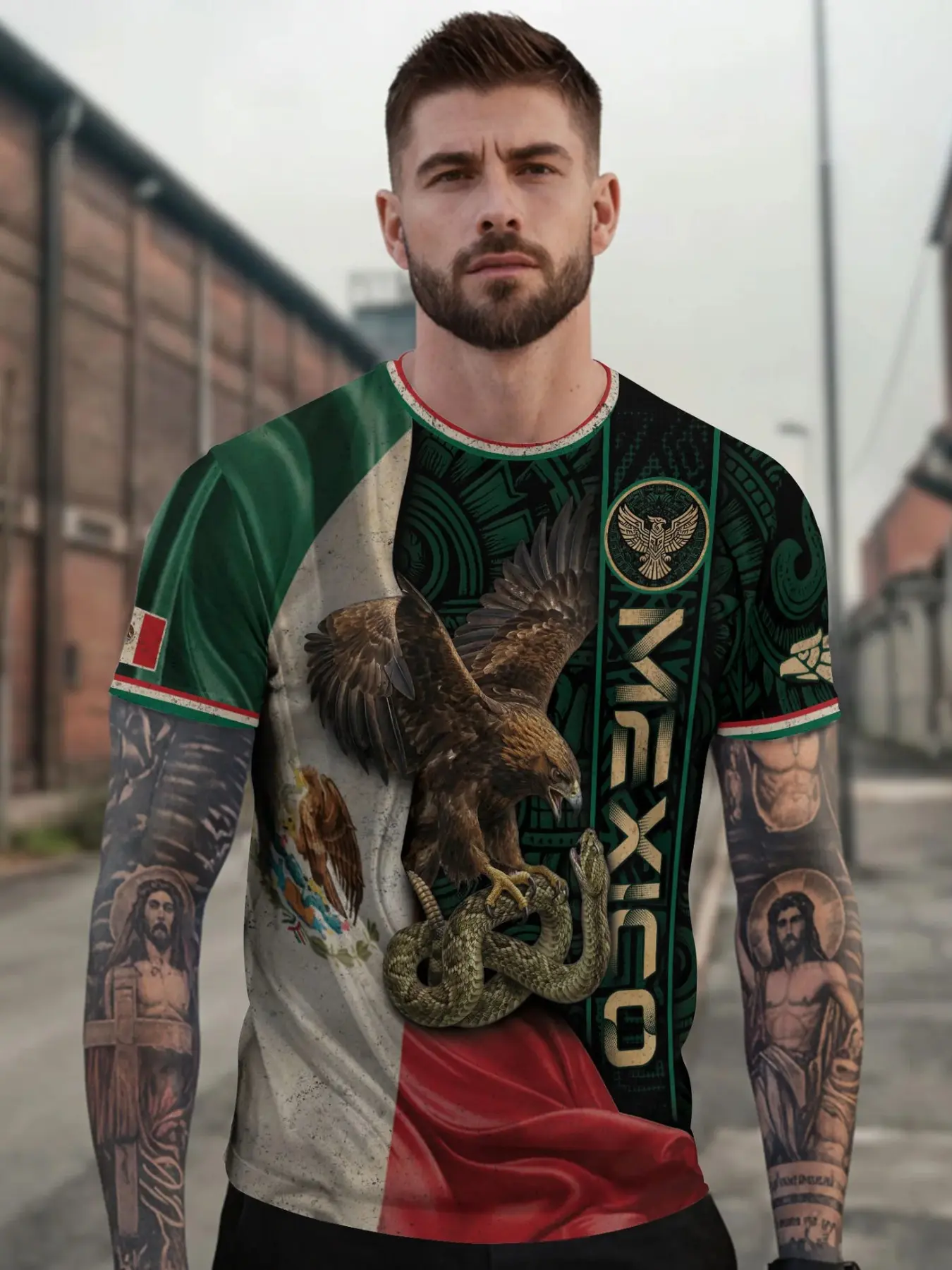 Mexico Flag Eagle Serpent Aztec Cultural Heritage National Pride Identity Menswear Shirt, Fitted Short Sleeve Casual Top, All Seasons Wear, Distinctive Man, Casual Sport Shirt