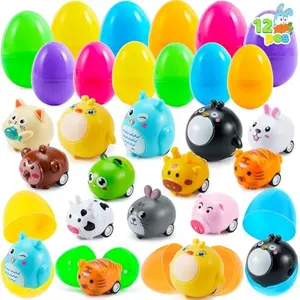 12 Pcs Prefilled Easter Eggs with Toys, Plastic Easter Eggs with Animal Cars for Kids Gift, Basket Stuffers, Classroom Prize Supplies, Party Favors