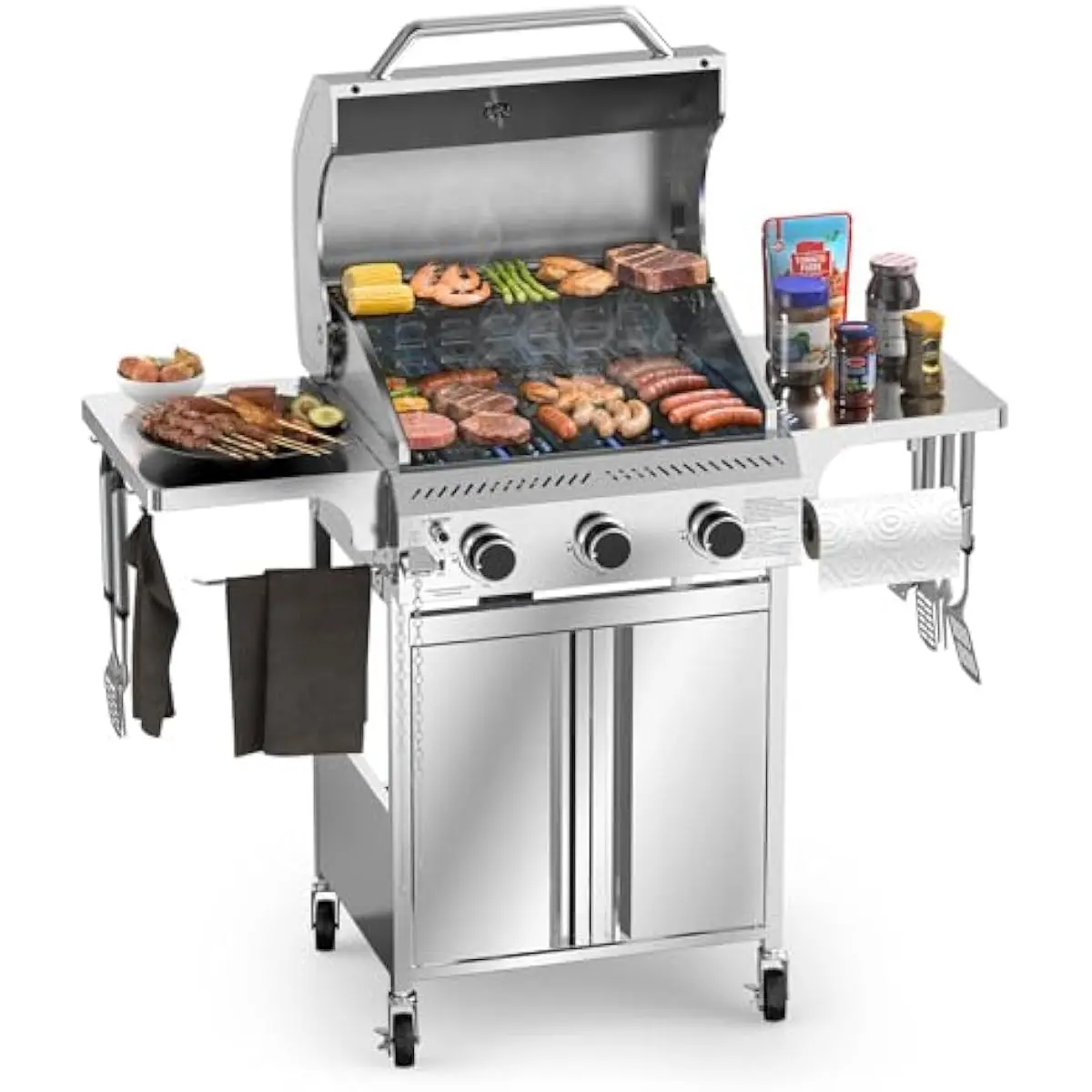 R.W.FLAME 3-Burner Portable Propane Gas Barbecue Grill, 24000 BTU Stainless Steel Freestanding Direct Heat Grill Ring BBQ with Foldable Shelves, for Backyard, Camping (Multiple Burners Freestanding Barbecues)