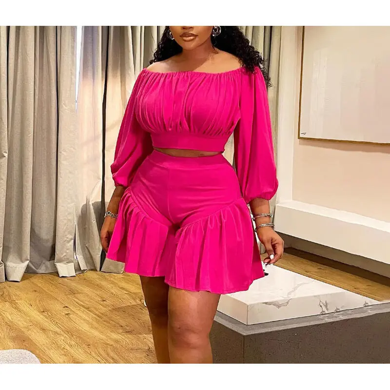 plus size women's new pleated one collar fluffy waist cinching casual two-piece set