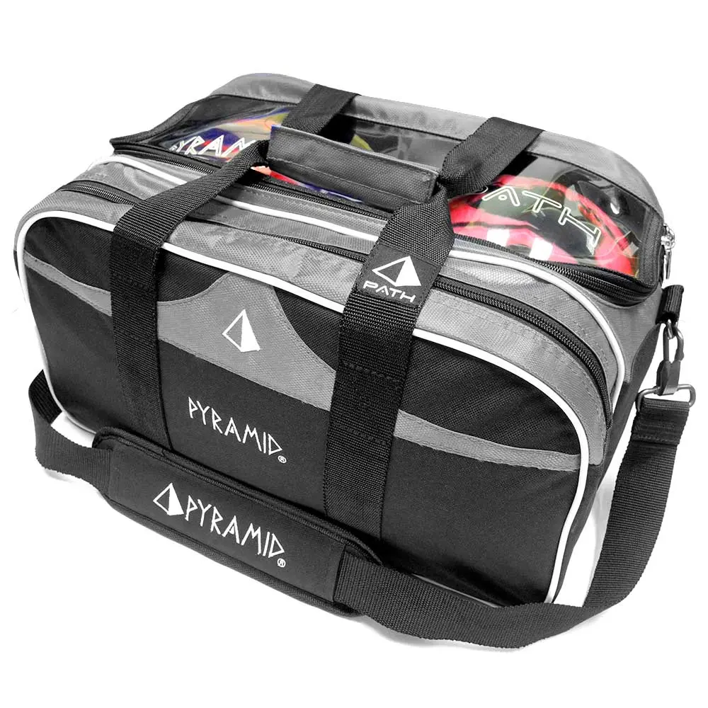 PYRAMID Path Double Tote Bowling Bag - Black/Silver Clear-Top Non-Roller, Holds 2 Balls and Can Hold Shoes