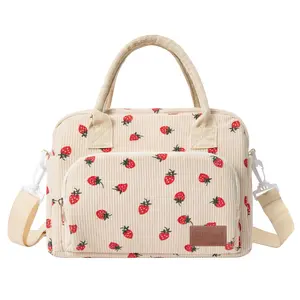 Lunch Bag Large Insulated Lunch Box for Women Adult Cute Beige Strawberry Lunchbox Corduroy Lunch Bags Boxes Pail with Shoulder Strap for Work Mom Picnic Office Travel